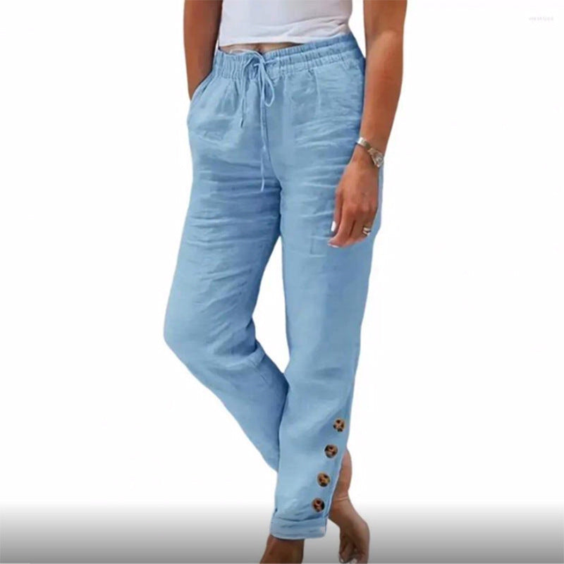 Elastic Waist Cotton Linen Straight Casual Button Trousers