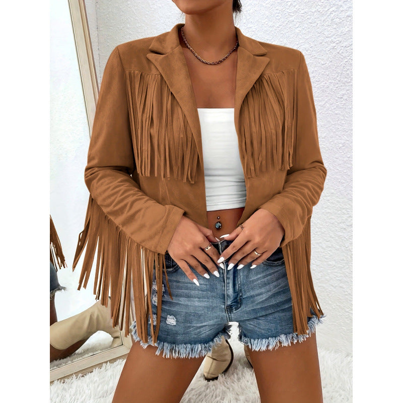 Spring And Autumn Women's V-neck Long Sleeve Fringe Jacket Solid Color Loose Short Coat