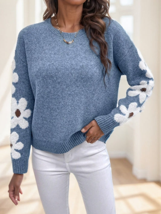 Floral Pattern Drop Shoulder Sweater,Long Sleeve Tops