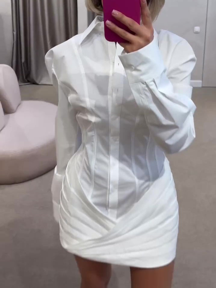 White Pleated Long Sleeve Shirt Dress