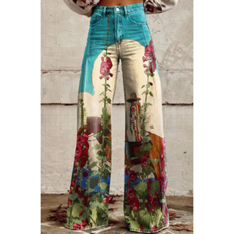 Thermal Transfer Bell-bottom Pants Simulation Denim Trousers Loose Pants