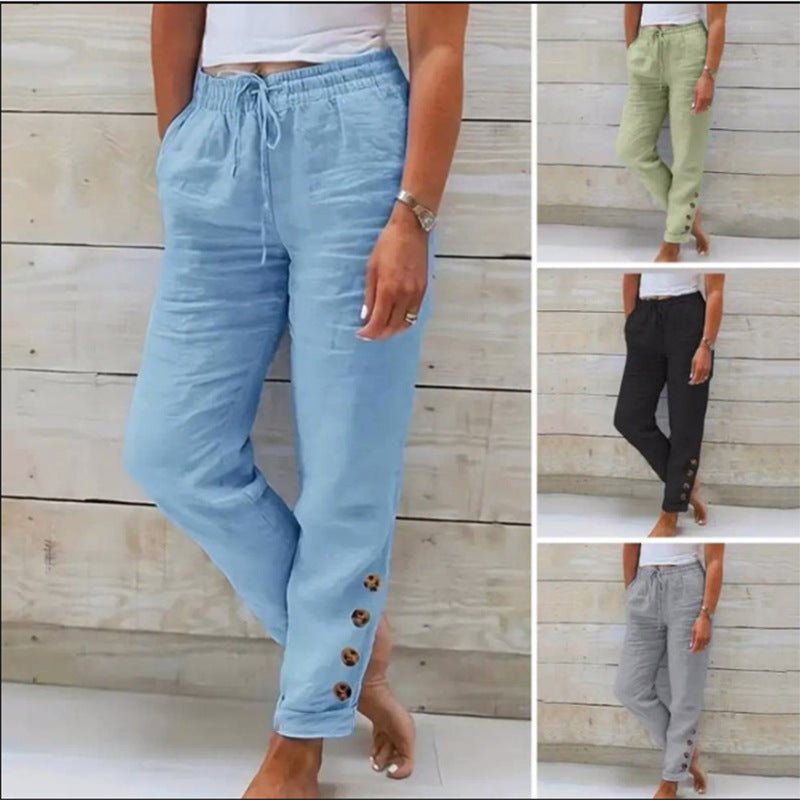 Elastic Waist Cotton Linen Straight Casual Button Trousers