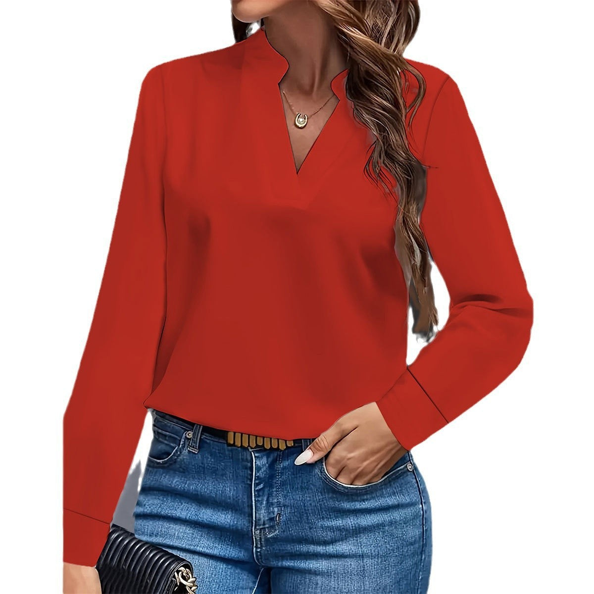 Simple Casual Solid Color And V-neck Loose Shirt Women's Top