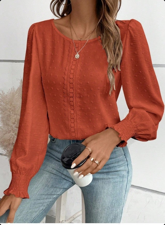 Women's Ruffled Pleated Long Sleeve Round Collar Top Shirt
