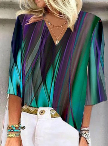 V Neck Printed Flare Sleeve T Shirt