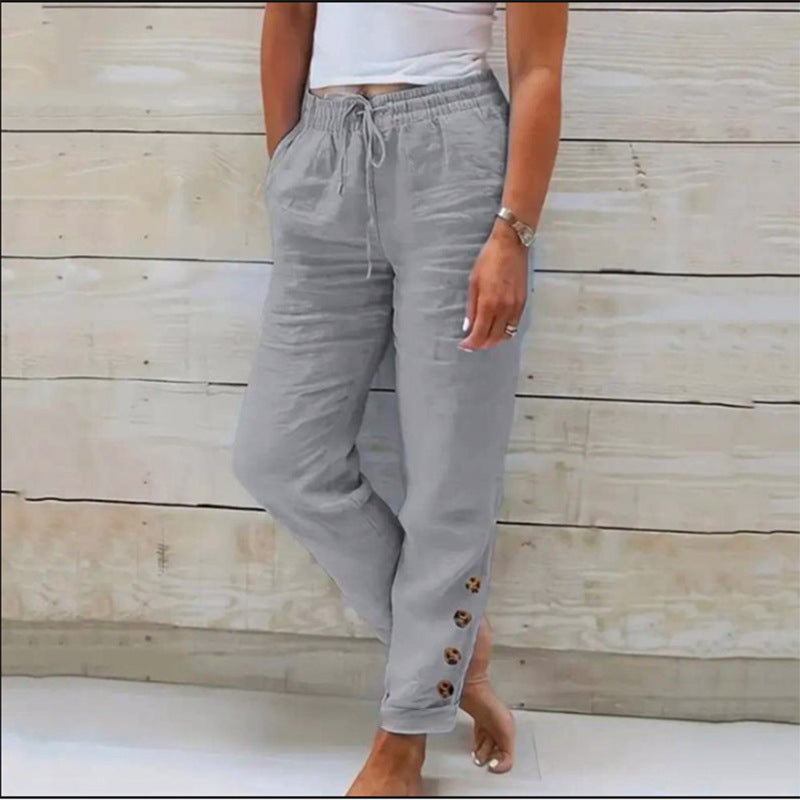 Elastic Waist Cotton Linen Straight Casual Button Trousers