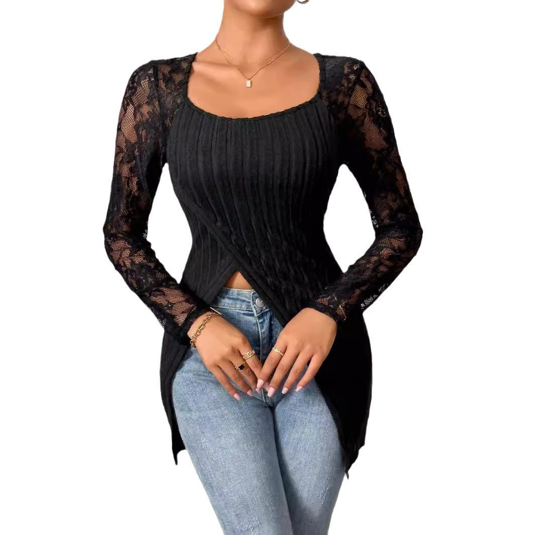 Simple Fashion Lace Stitching Long Sleeve Irregular Hem T-shirt