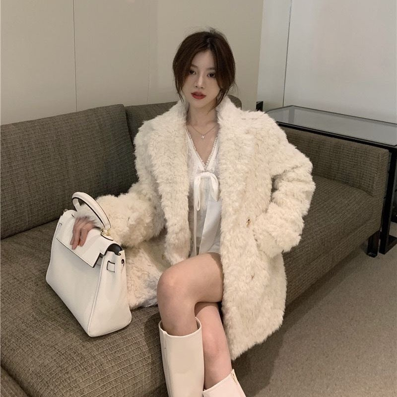 Lamb Wool Mid-length Coat For Women