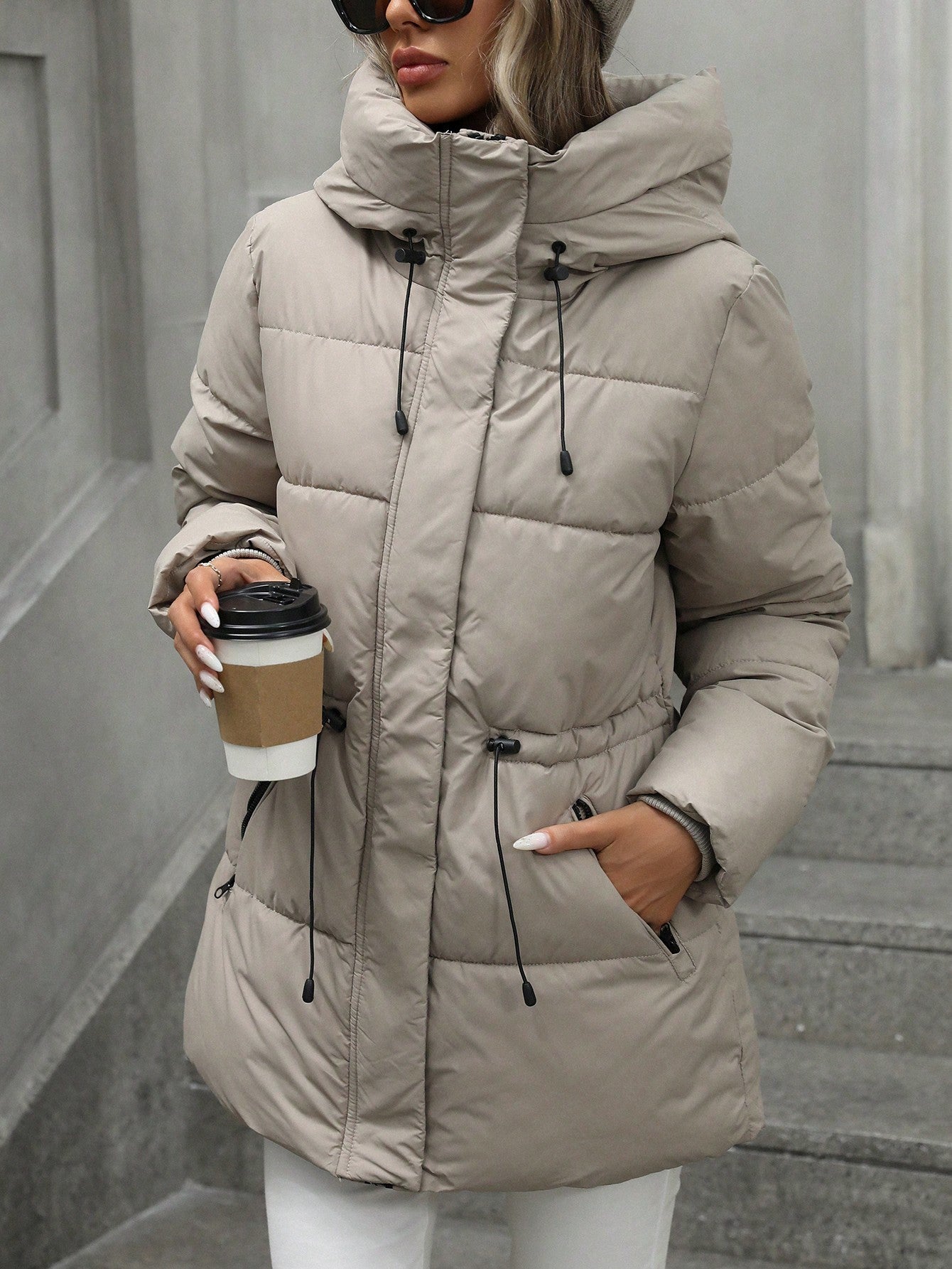 Casual Adjustable Waist Quilted Mid-Length Hooded Padded Padded Coat Clothes Winter For Women