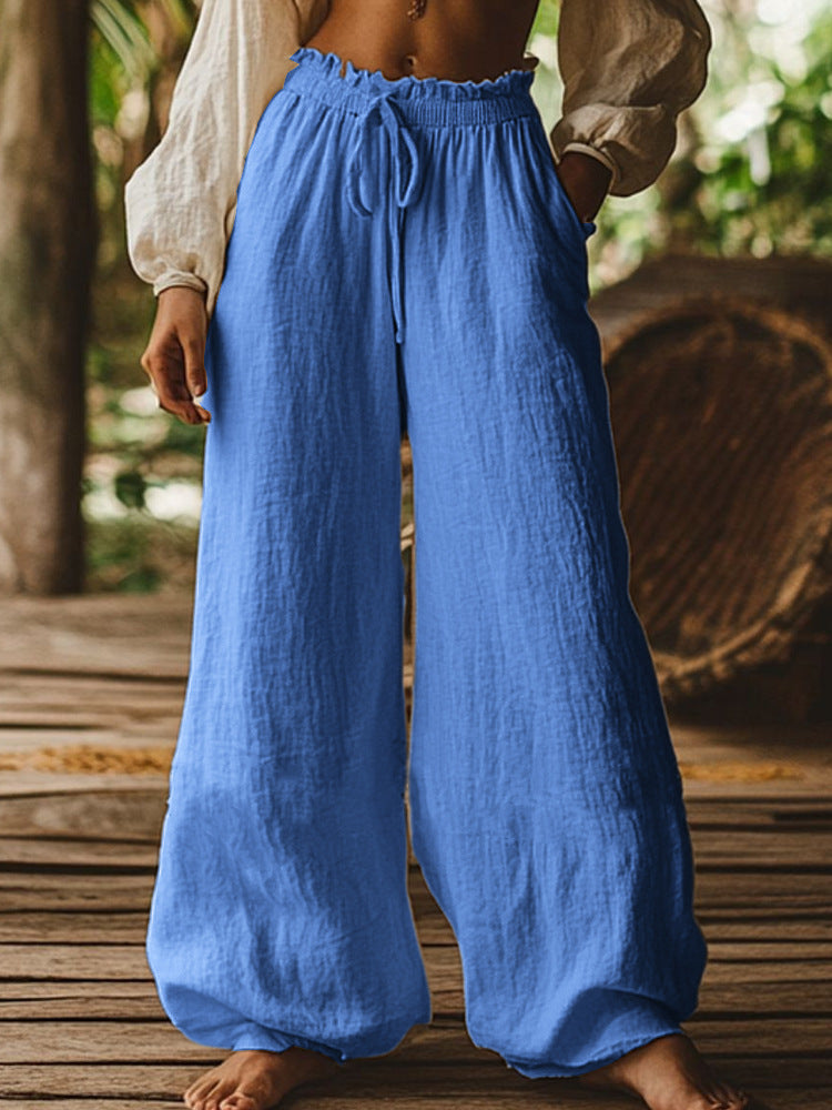 Fashion Casual Loose Artistic Pocket Drawstring Elastic Waist Wide Leg Pants