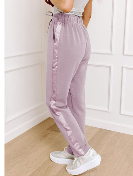 Orchid Petal Drawstring Waist Satin Stripe Patch Straight Leg High Waist Pants