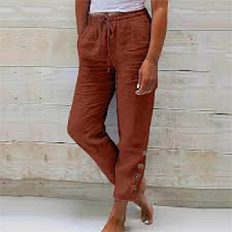 Elastic Waist Cotton Linen Straight Casual Button Trousers