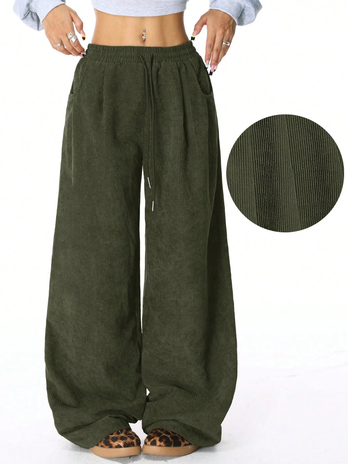 European And American Idle Style High Waist Casual Draping Effect Drawstring Wide Leg Pants