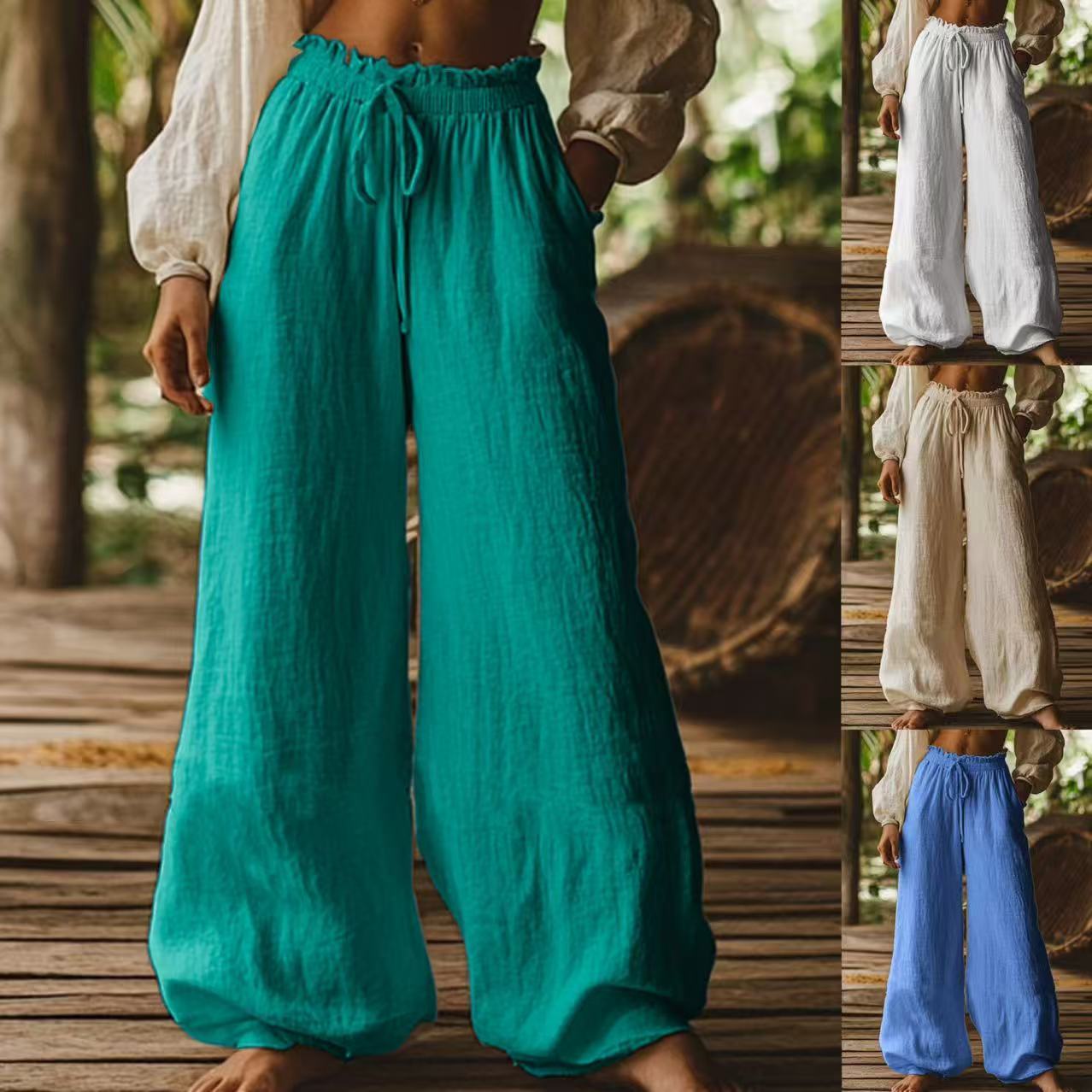 Fashion Casual Loose Artistic Pocket Drawstring Elastic Waist Wide Leg Pants