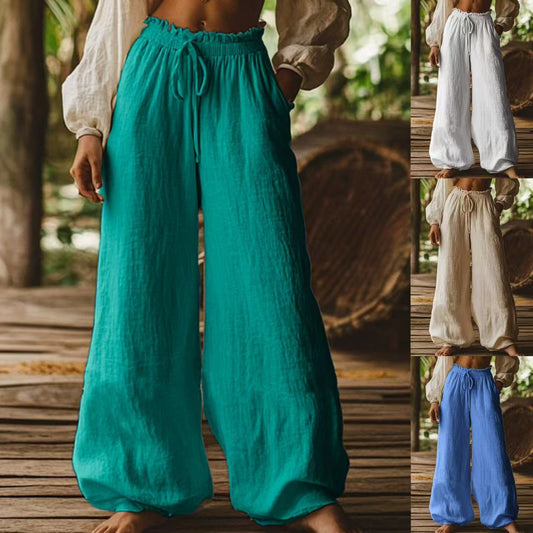 Fashion Casual Loose Artistic Pocket Drawstring Elastic Waist Wide Leg Pants
