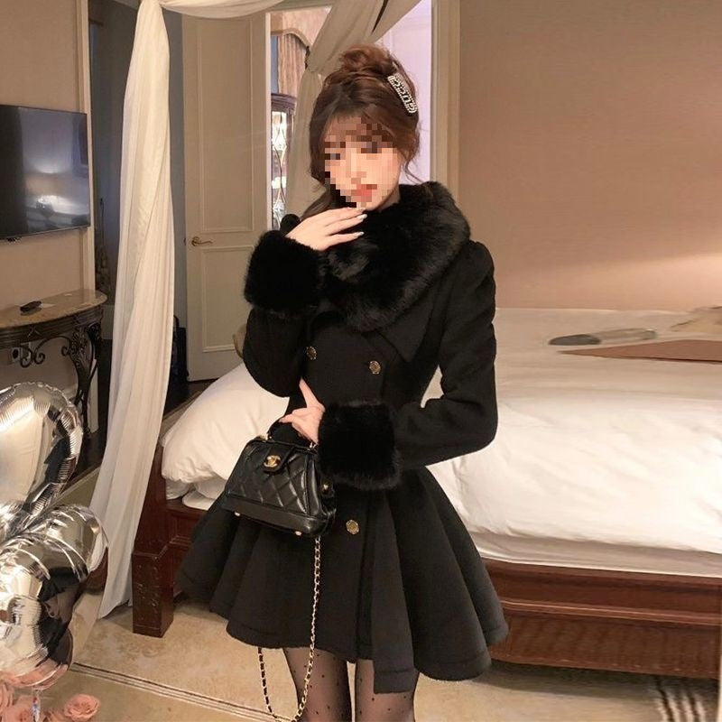 Women's Solid Color Loose Waist Cotton Wool Collar Woolen Coat