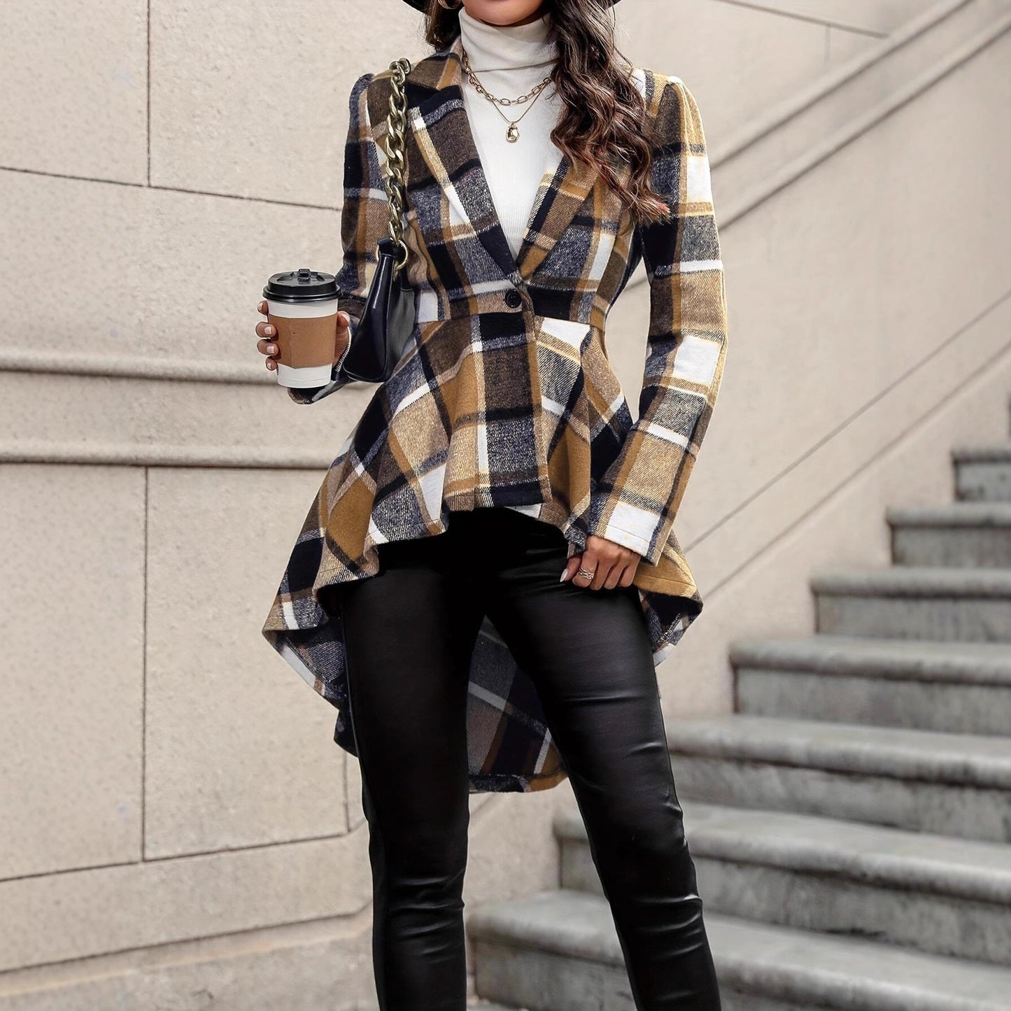 Plaid Pattern Button Front Jacket Long Sleeve High And Low Flared Jacket