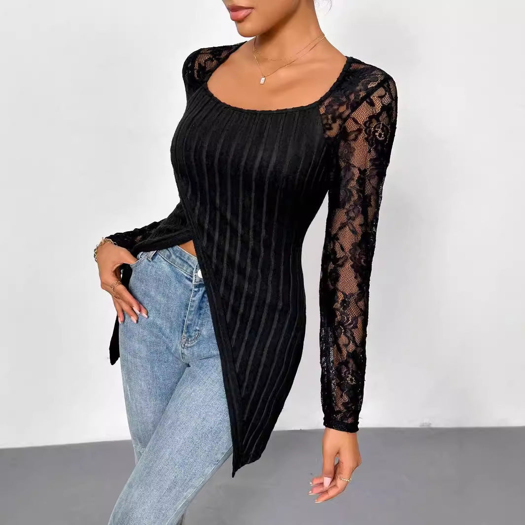 Simple Fashion Lace Stitching Long Sleeve Irregular Hem T-shirt