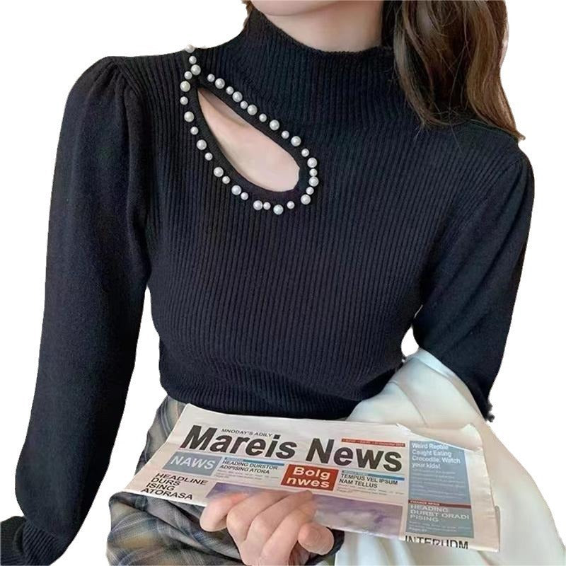 Beaded Half Turtleneck Puff Sleeve Long Sleeve Bottoming Shirt