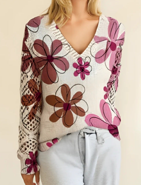Elegant Bohemian Floral V-neck Long Sleeve Fashion Printed Sweater