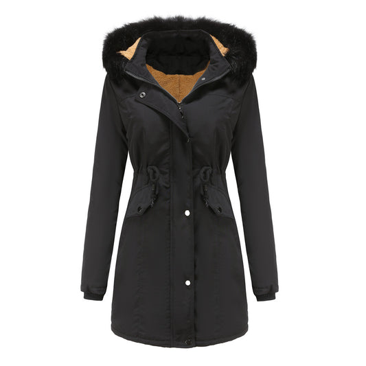 Women's Cotton Plus Velvet Detachable Hat Big Fur Collar Coat