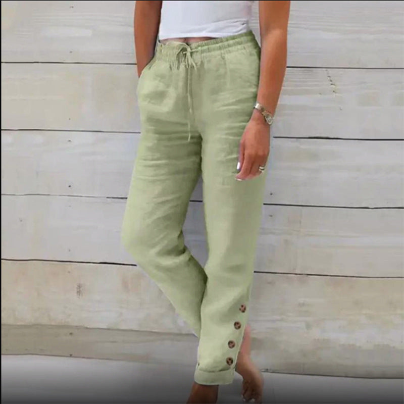 Elastic Waist Cotton Linen Straight Casual Button Trousers