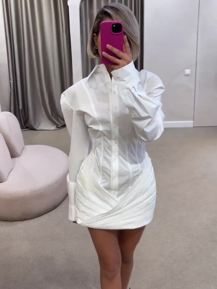 White Pleated Long Sleeve Shirt Dress