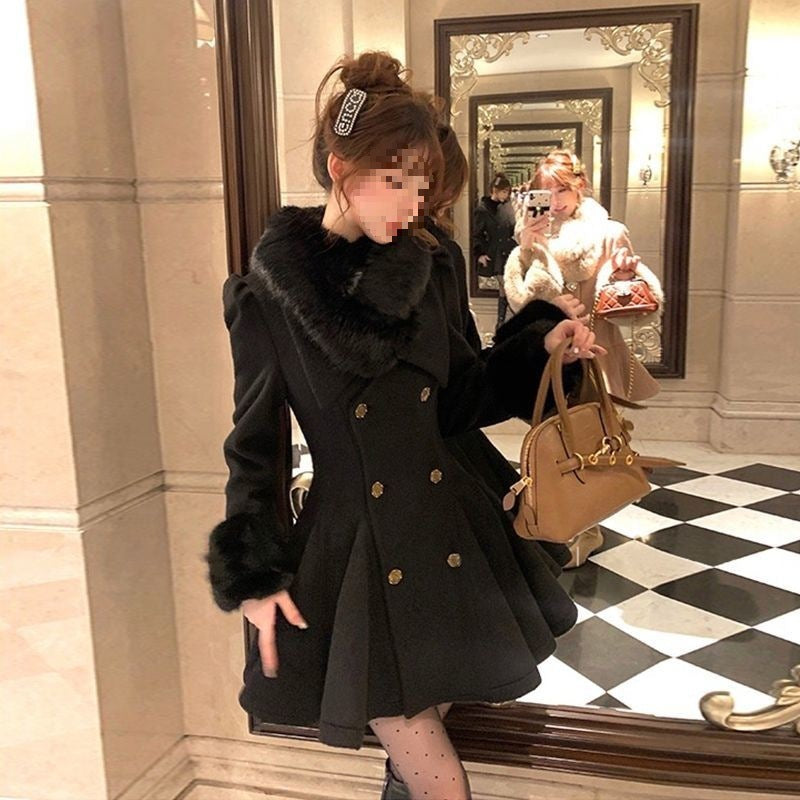 Women's Solid Color Loose Waist Cotton Wool Collar Woolen Coat