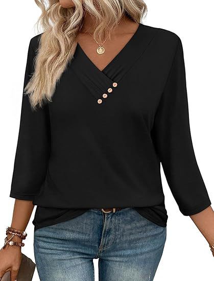 European And American New Autumn Women's Clothing Button V-neck Fashion Casual Sleeve T-shirt