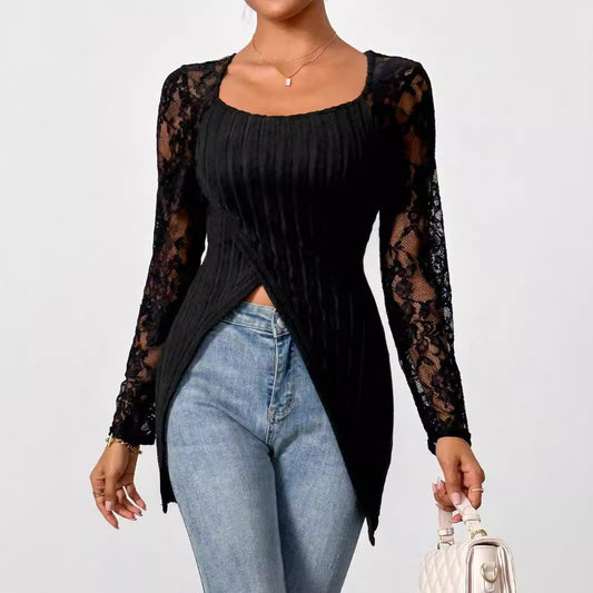 Simple Fashion Lace Stitching Long Sleeve Irregular Hem T-shirt