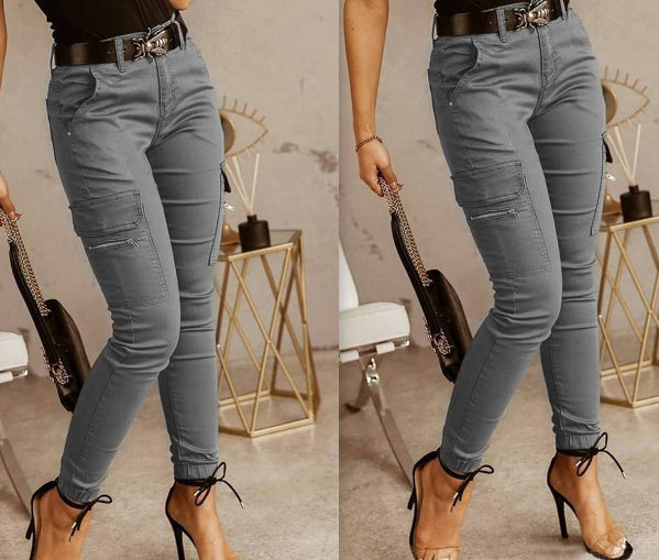 European And American Women's Trousers, Low-waisted Buttons, Solid Color Pockets