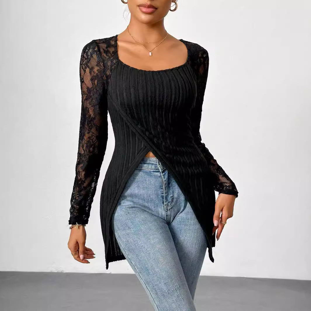 Simple Fashion Lace Stitching Long Sleeve Irregular Hem T-shirt