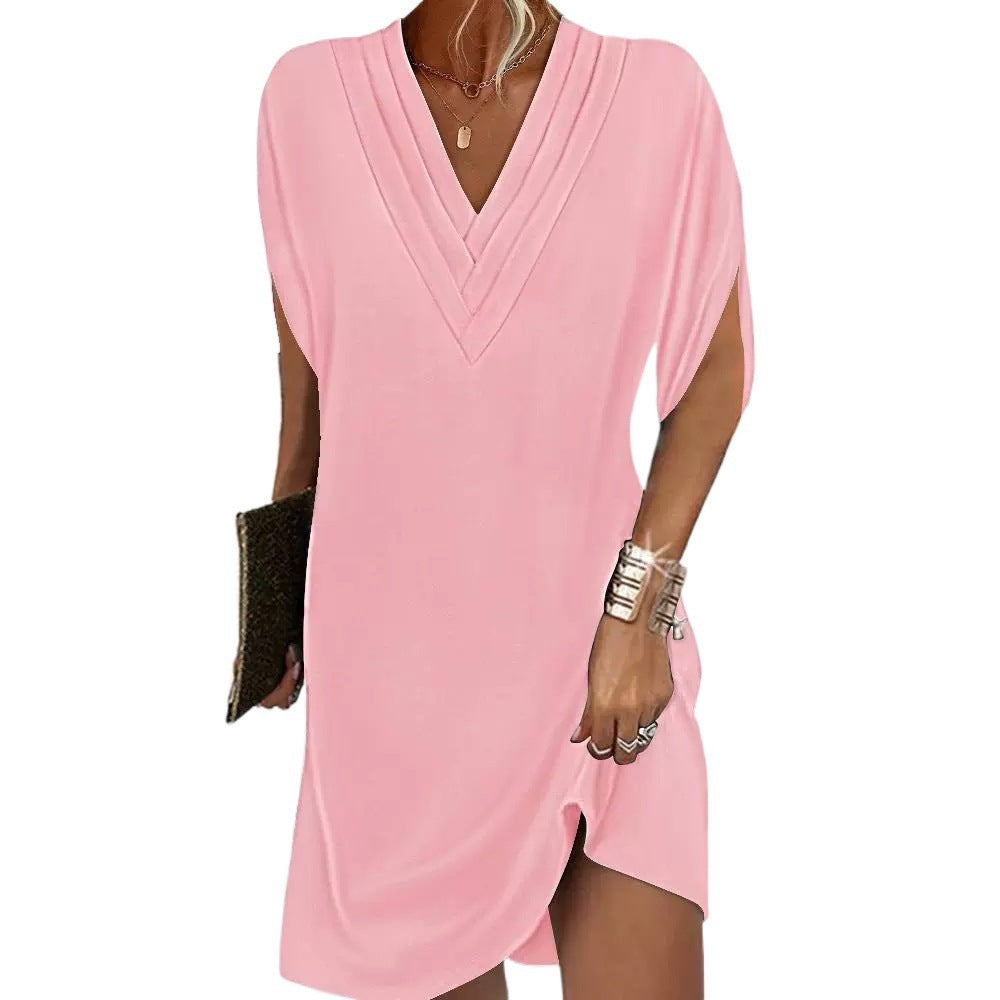 Women's V-neck Pleated Batwing Sleeve Dress