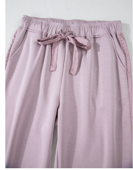 Orchid Petal Drawstring Waist Satin Stripe Patch Straight Leg High Waist Pants