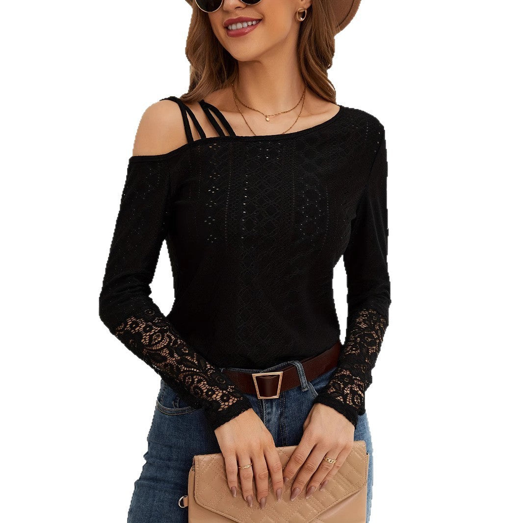 European And American Asymmetric Cross Off-shoulder Design Lace Stitching Coat