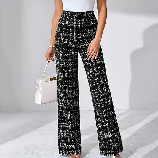 Women's Printed Check High-Waisted Straight Leg Pants - Office Casual Trousers For Spring&Fall