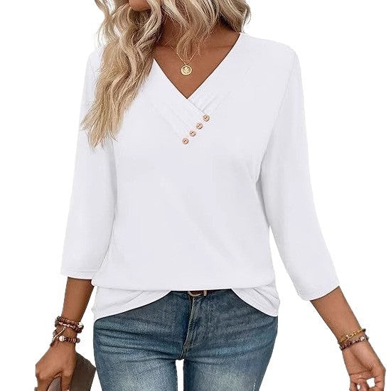 European And American New Autumn Women's Clothing Button V-neck Fashion Casual Sleeve T-shirt