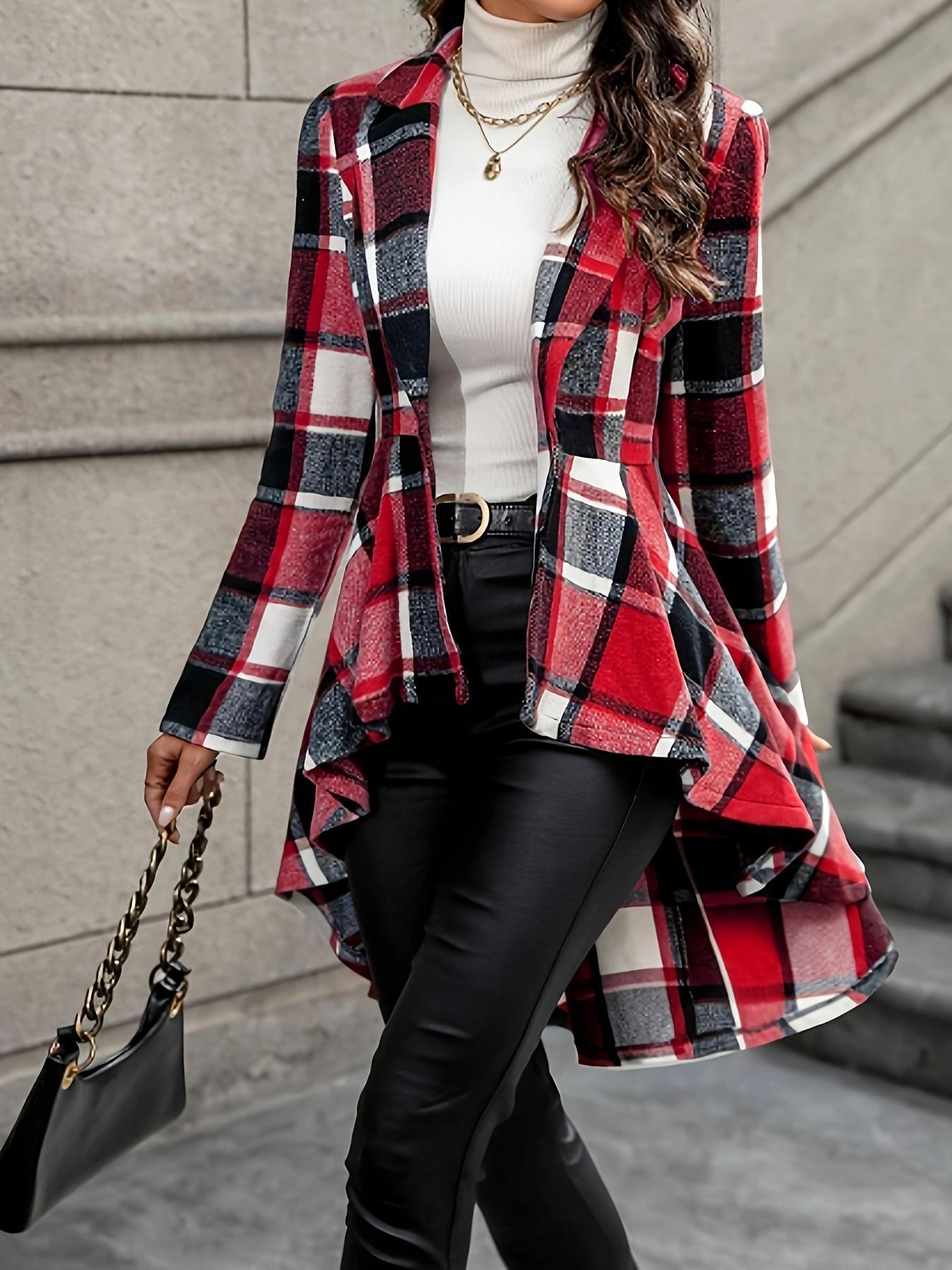 Plaid Pattern Button Front Jacket Long Sleeve High And Low Flared Jacket