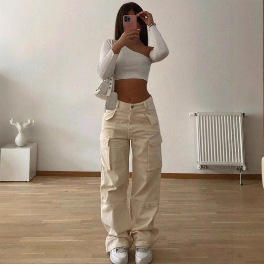 Multi-pocket Loose Slimming Mid-waist Trousers