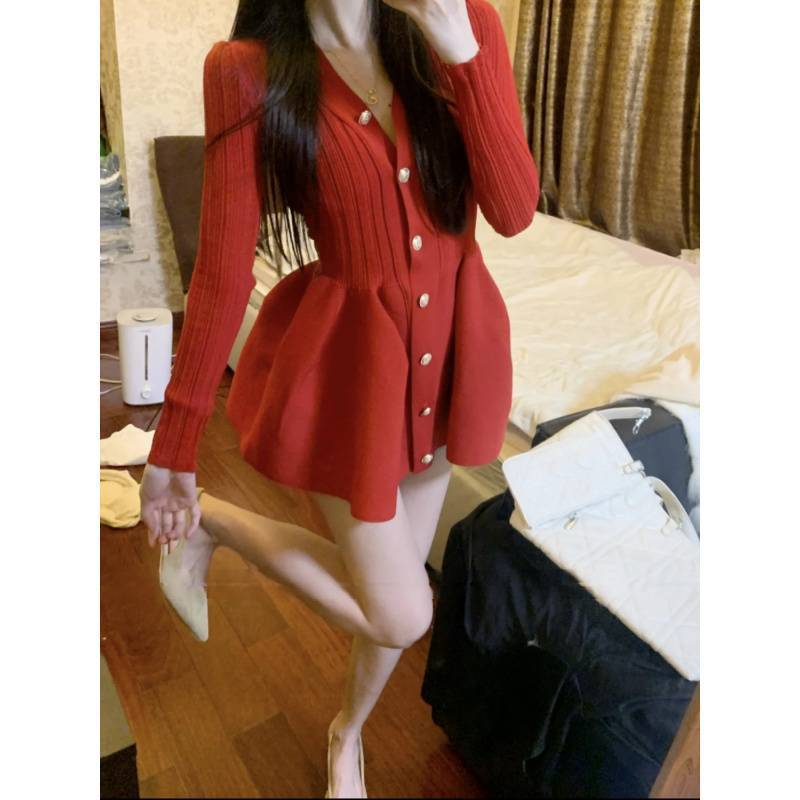 Red Knitted Dress Women's Autumn And Winter Design Sense