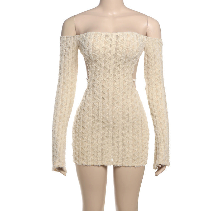 Solid Color High Waist Slim Fit Backless Off-shoulder Dress