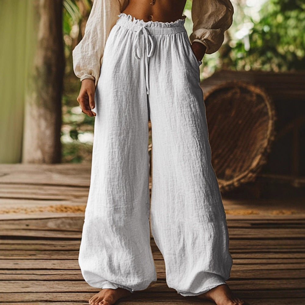 Fashion Casual Loose Artistic Pocket Drawstring Elastic Waist Wide Leg Pants