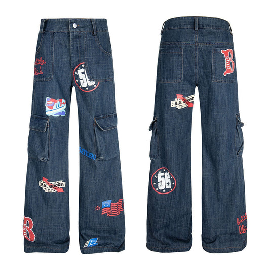 Pattern Dark Flower Funny Multi-pocket Loose And Idle Sense Jeans For Men And Women