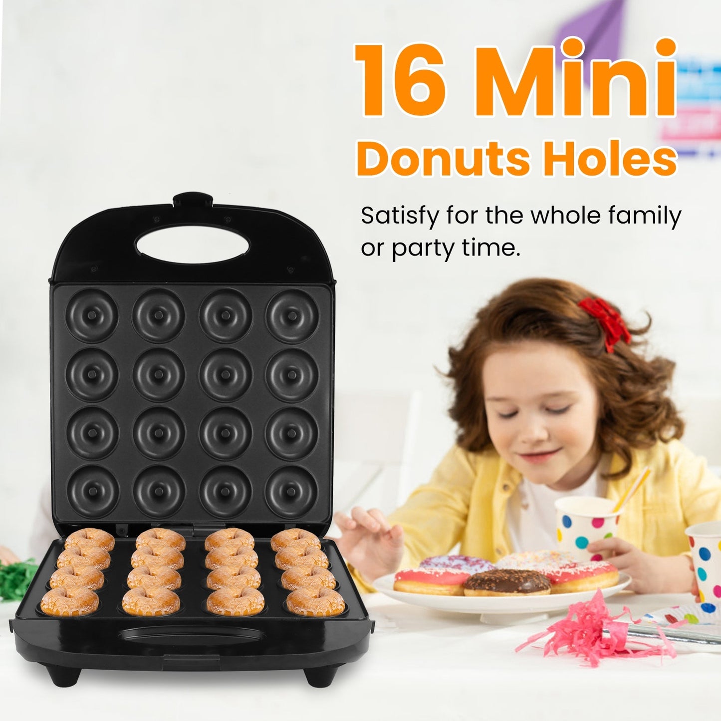 1Pc Mini Donut Maker Machine For Kids Snack Breakfast Desserts With 16 Doughnuts Holes Non Stick Coating Double-Side Heating Plates Overheating Protection
