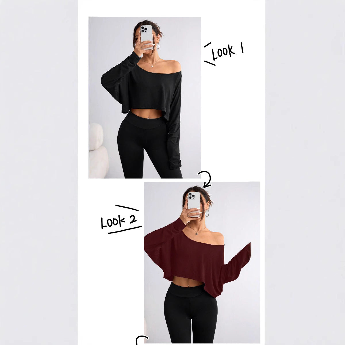 Solid Color Shoulder Long Sleeve Loose-fitting Cropped Top