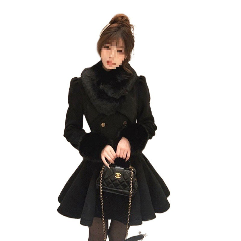 Women's Solid Color Loose Waist Cotton Wool Collar Woolen Coat