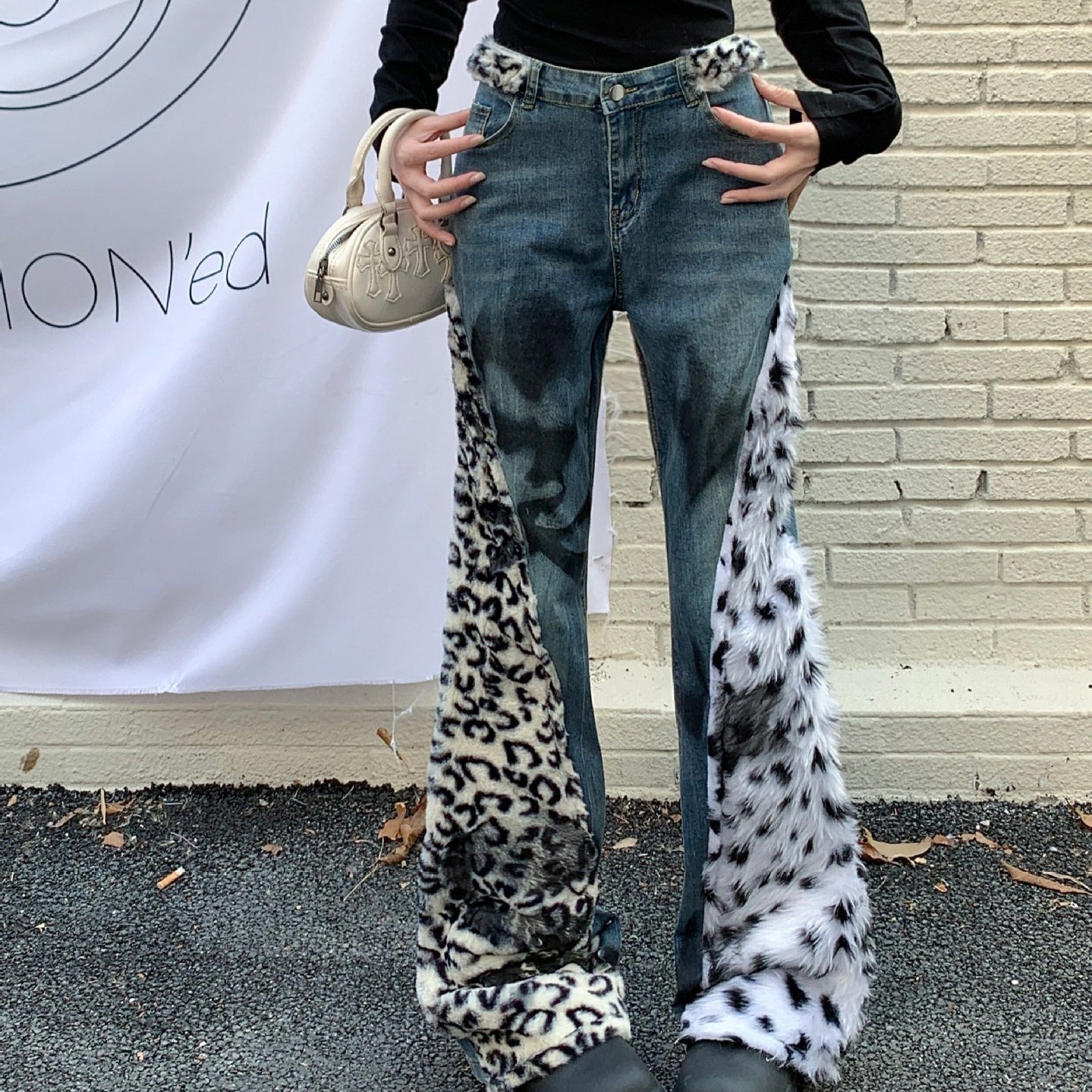 Women's Washed Leopard Splicing Skinny Jeans