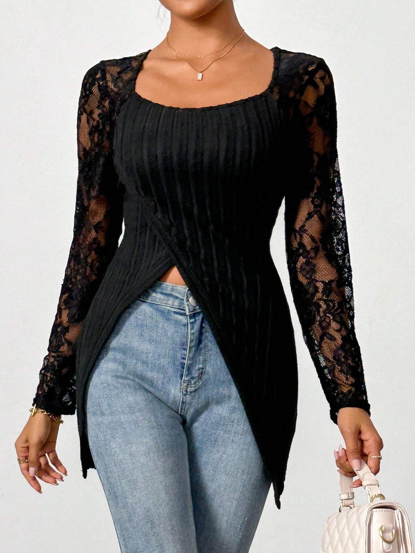 Simple Fashion Lace Stitching Long Sleeve Irregular Hem T-shirt