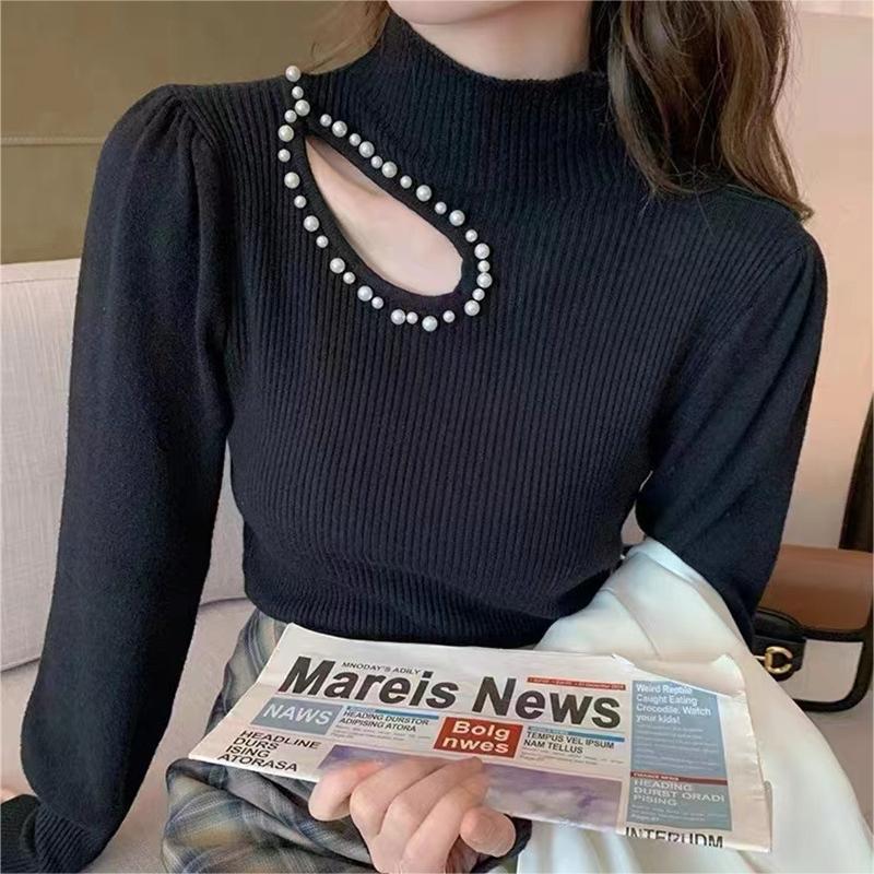 Beaded Half Turtleneck Puff Sleeve Long Sleeve Bottoming Shirt