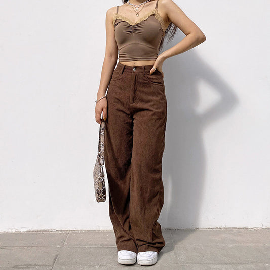 Corduroy High Waist Casual Long Slim Straight Wide Leg Pants